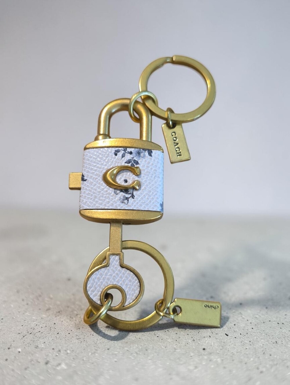 Coach Nwt White Floral Padlock Keychain with Gold Hardware